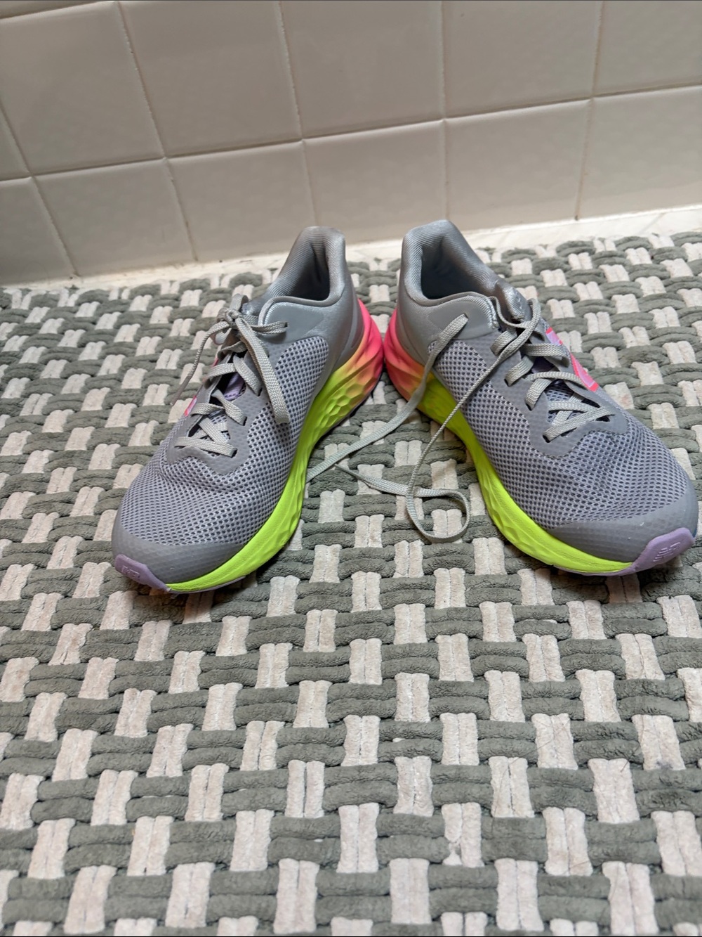 New Balance Gray Mesh Sneakers with Neon Green & Pink Gradient Soles size 3.5